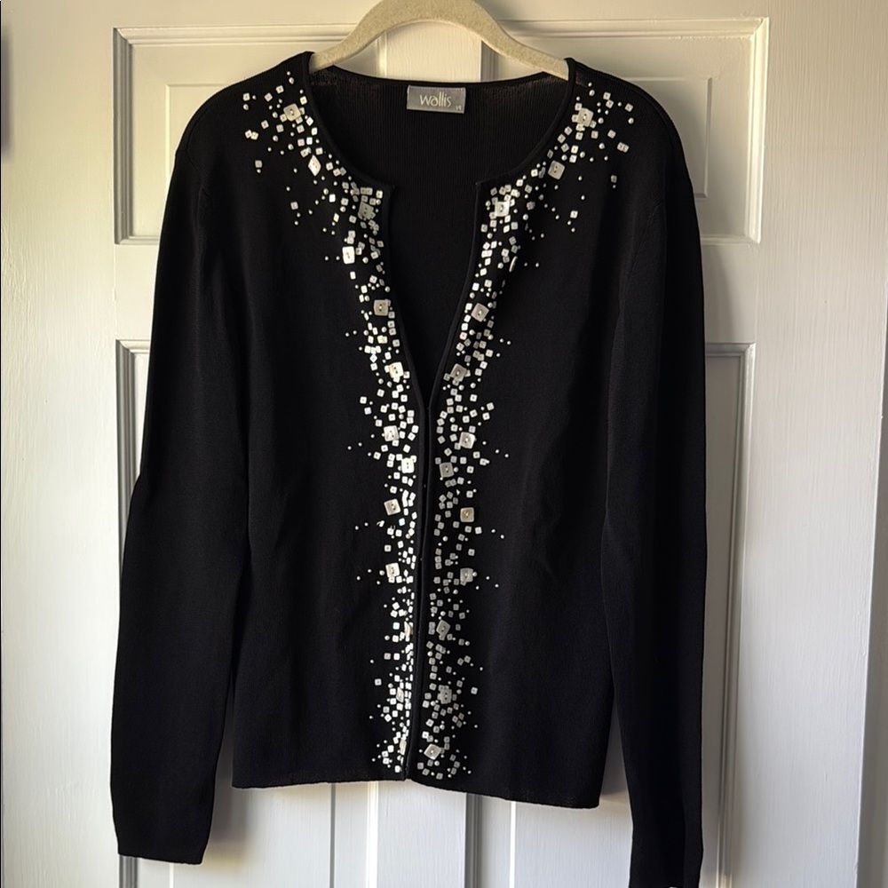 Wallis Black White Cardigan Sweater Embellished Design Size 14